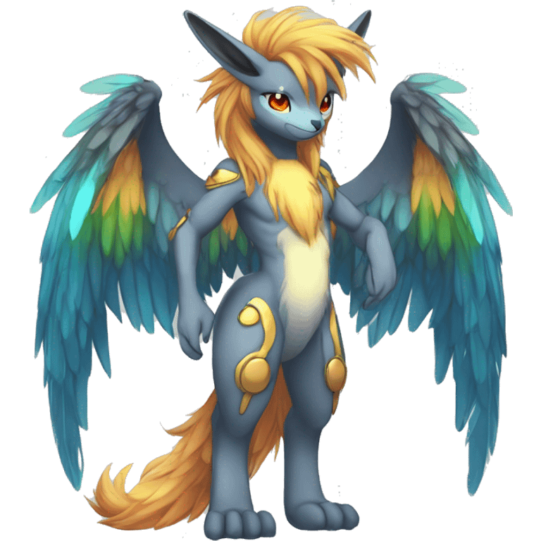 Anthro Sona Cool Edgy Cute Colorful Shy Winged Shiny Fakemon-Fantasy-Creature With Long Hair-Mane Full Body Detailed High Quality emoji