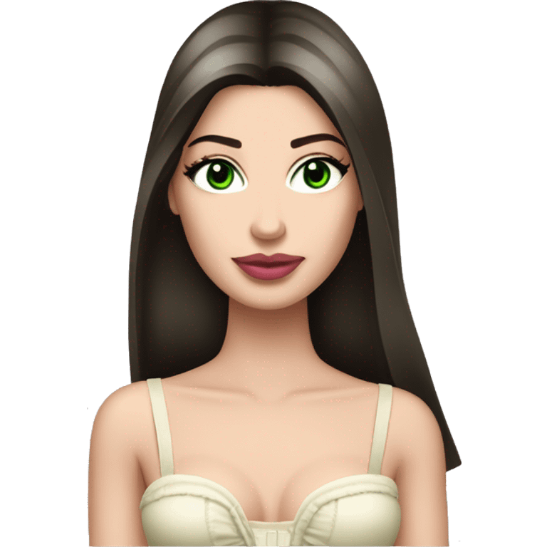 Brunette bombshell supermodel girl with long straight hair, pale skin, pink lips and green eyes. Wearing a cream bustier emoji