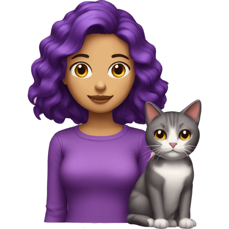 Chica pelo castaño y morado con un gato emoji