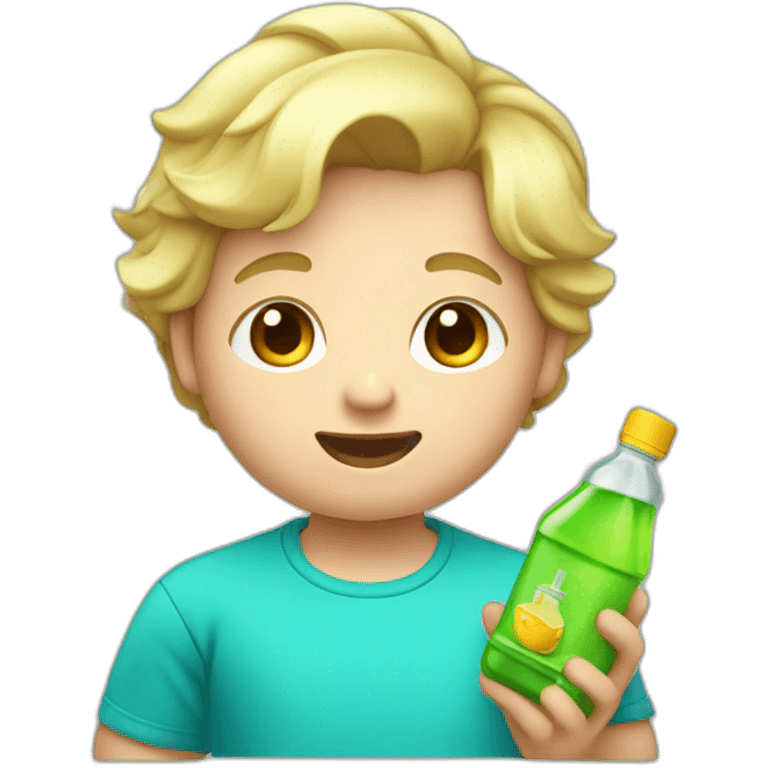 Chubby blonde boy in a cyan shirt holding cookingoil emoji