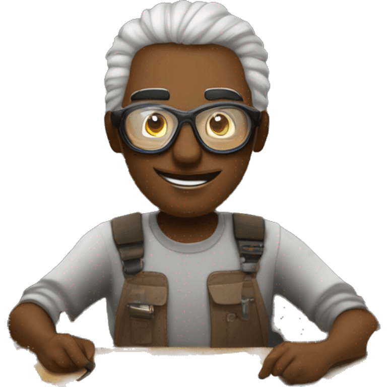 A creative inventor in a cluttered workshop, wearing safety goggles, surrounded by tools and gadgets, working on a new invention emoji