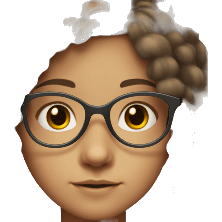 white 12 year old girl with long brown hair parted down the middle, dark brown eyes, and clear glasses emoji