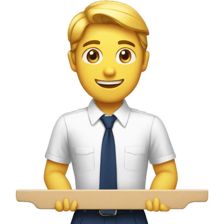 A man with white shirt navy blue tie raising a board emoji