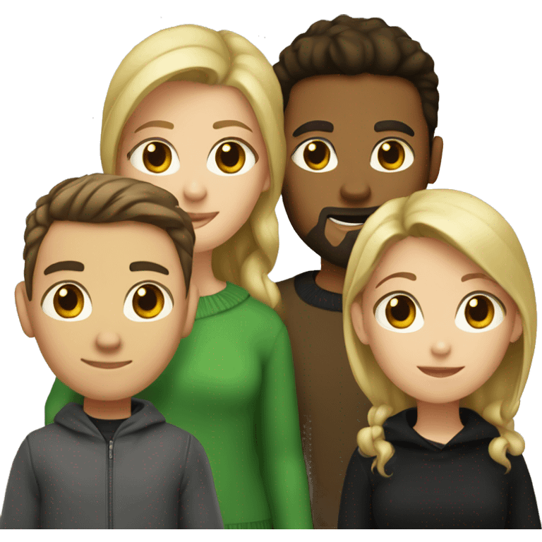 two girls and one guy. one of the girls is a blonde in a green sweater, the other has brown hair and a black sweater, in the middle is a guy with dark hair and a beard emoji