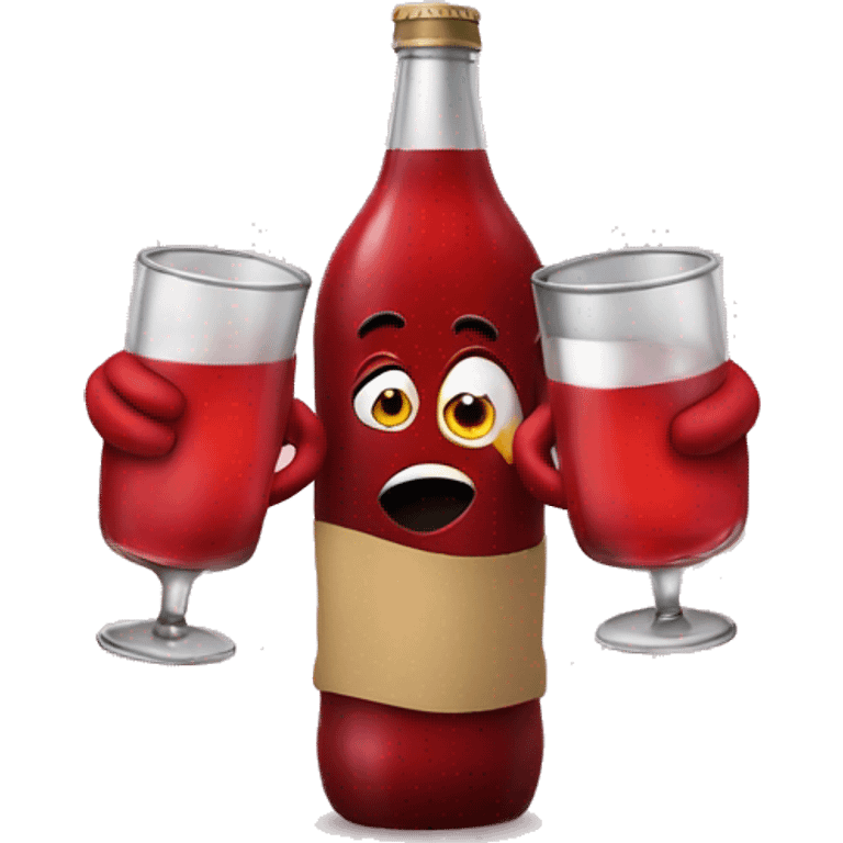 A red ❤️ emoji with eyes, a mouth, and hands, looking tipsy, holding a drink bottle, with a playful, drunken expression emoji