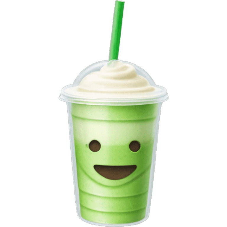 matcha latte in a plastic clear takeout cup with flat lid and one straw emoji