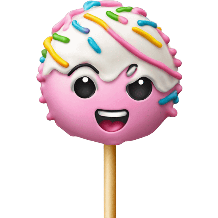 Cake pop with pink icing and rainbow sprinkles and white drizzle  emoji