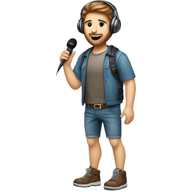 full body caucasian IT technology guy wearing jean shorts with headset and microphone and brown hair emoji