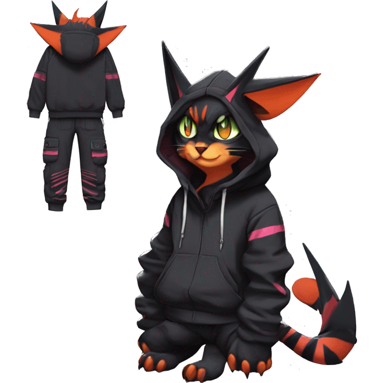 Cool Anthro Noivern-Litten-Cat-Pokémon with edgy stripes hoodie spiked collar punk techwear Cargo Pants Full Body emoji