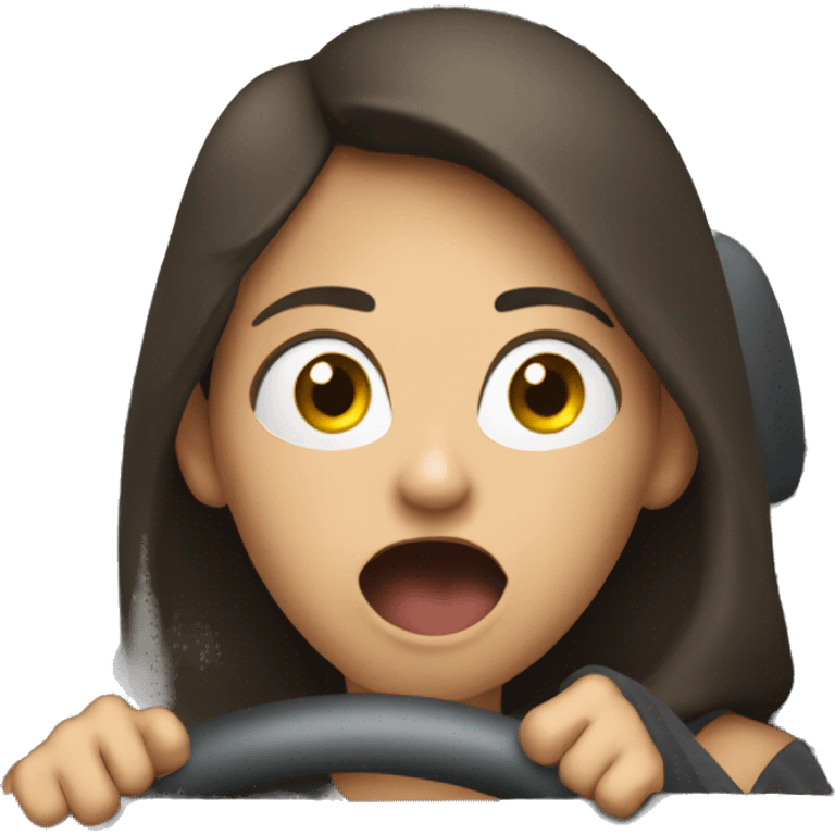 brunette yawning and driving in dark grey car  emoji