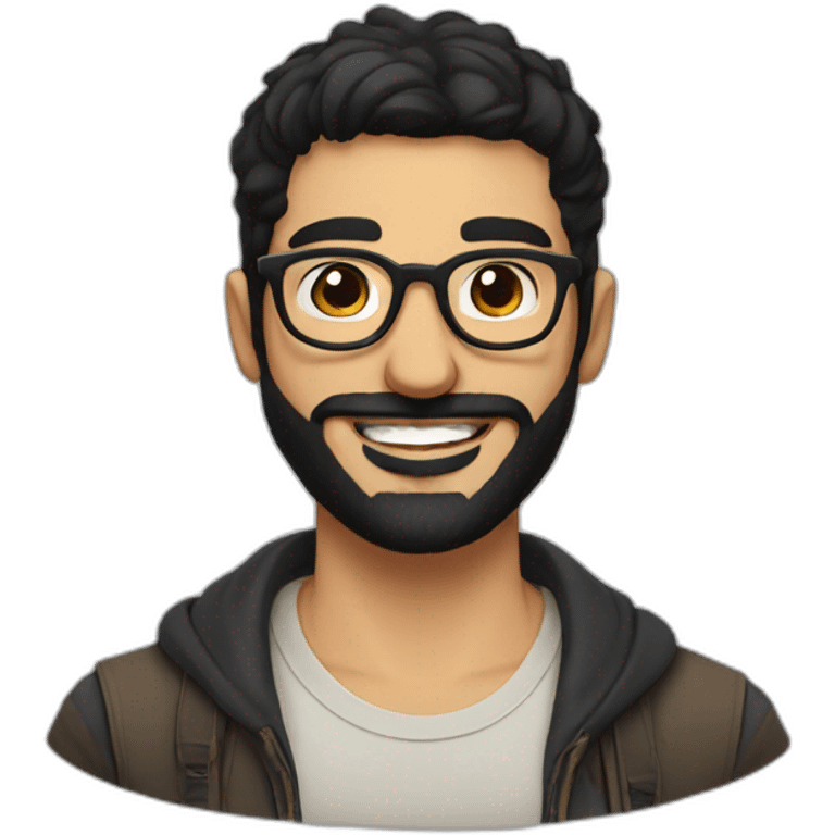 Arabic man, very short black hair, round hipster glasses, dark beard and mustache, round-ish face, brown eyes, beautiful smile emoji