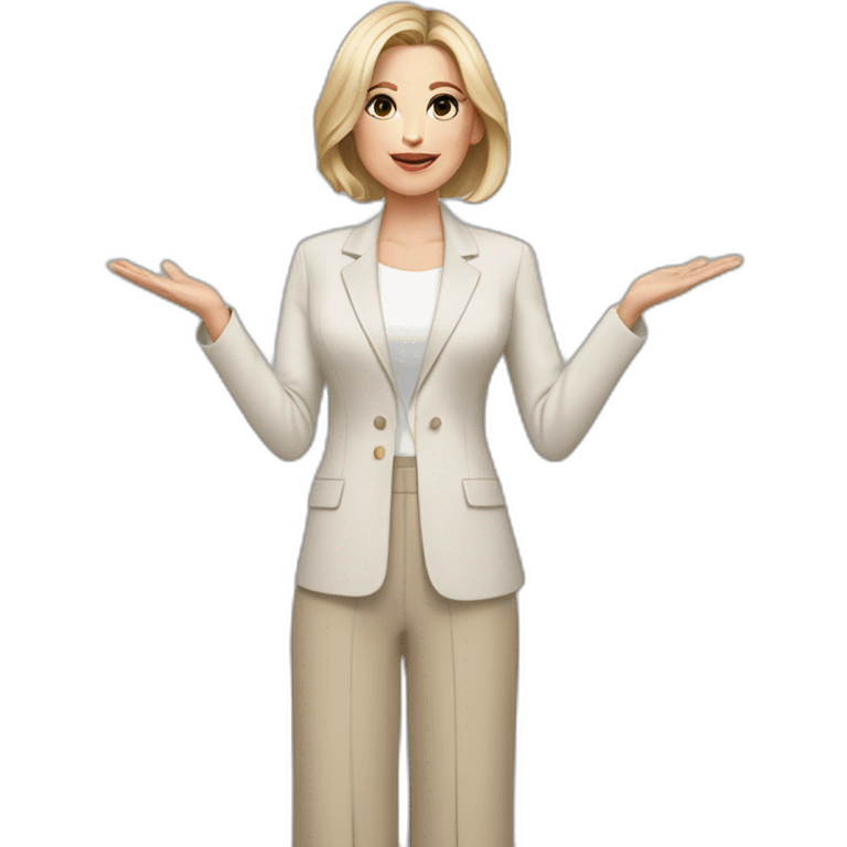 Full height Actively gesturing with hands pale skin woman with ash blonde Straightened bob Hair, White Spacious classical jacket, beige palazzo Arrow pants and gray blouse emoji