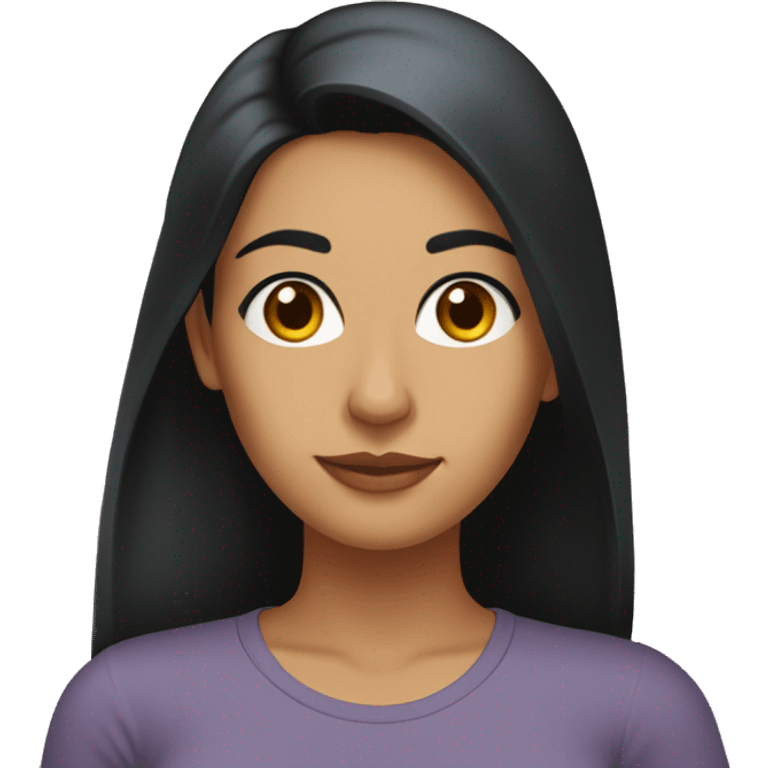 A head and shoulders shot of a 33 year old South Asian woman, with long black hair,   with brown eyes wearing a t-shirt. emoji