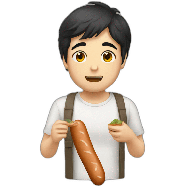 Kawai men with dark hair eating sausage face emoji