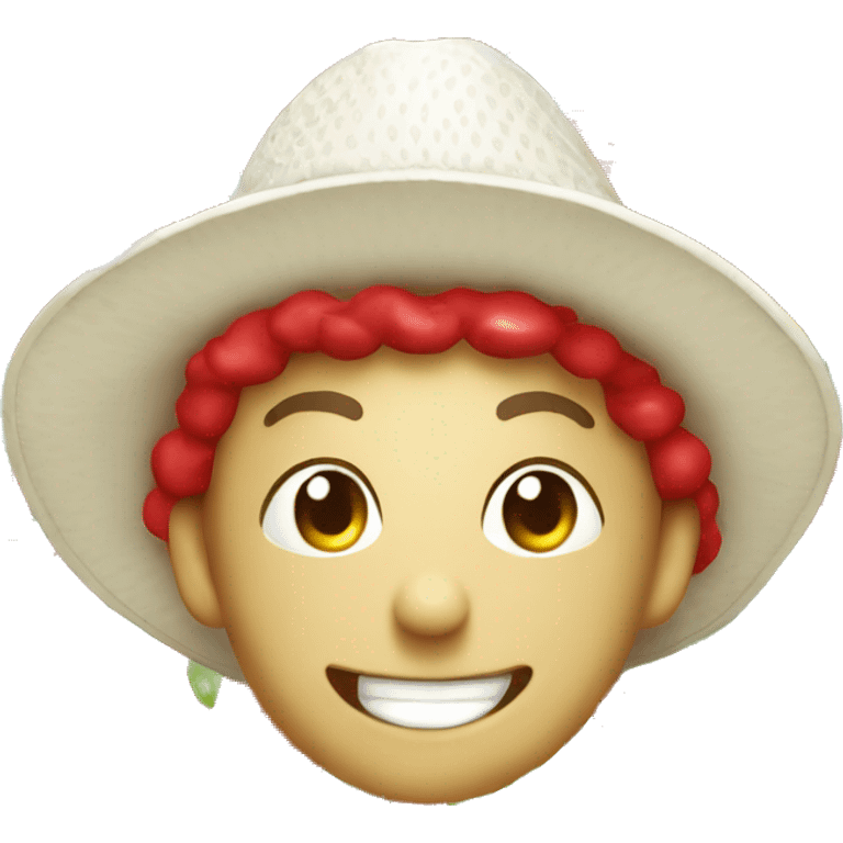 Red Strawberry smiling with a white sun hat in  emoji