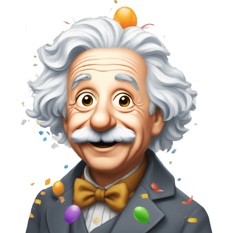 happy albert einstein with lots of colourful confetti and party balloons emoji