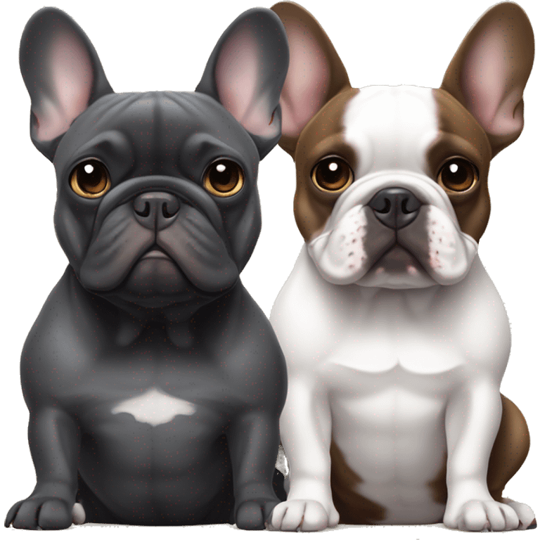 Dark grey french bulldog sits next to a brindled brown black French bulldog, best friends emoji