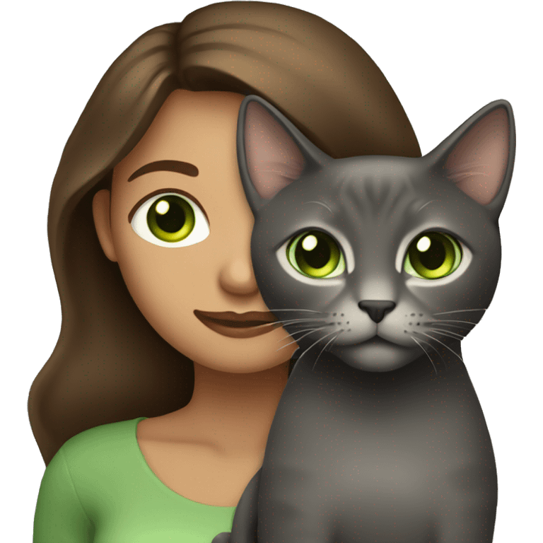  Woman with  long brown hair holding a Dark graycat with light green eyes emoji