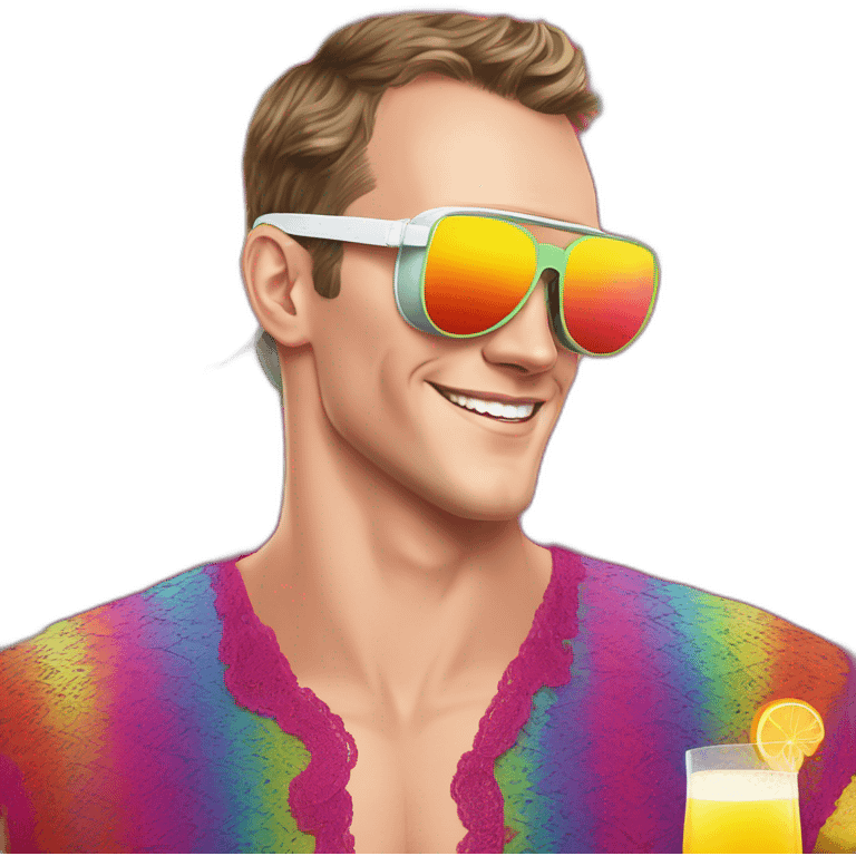 Fancy disco Jonathan Toews wearing rainbow lace shirt and wearing VR glasses and drinking a mimosa emoji