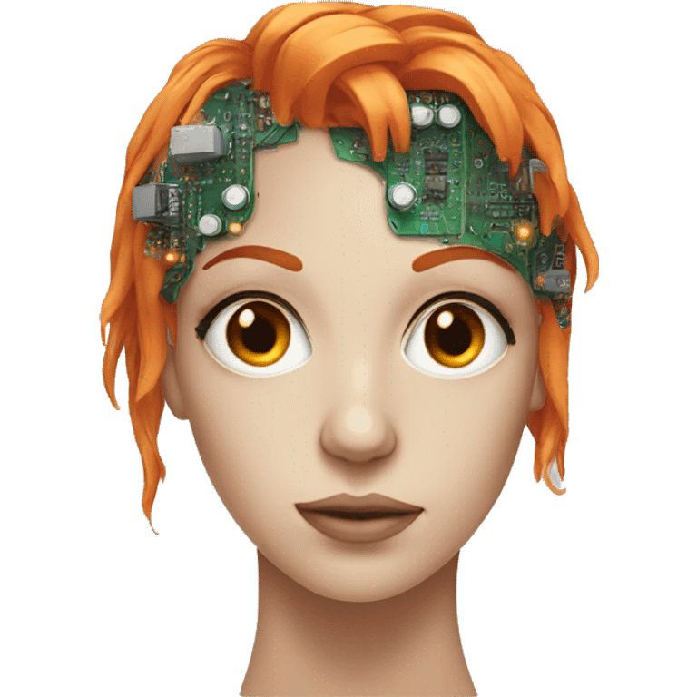 Head of female cyborg with orange hair and circuits emoji