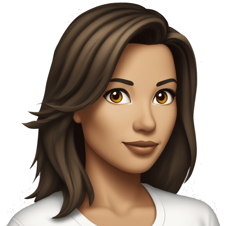 3/4 face, contrasted, shadow, light, Eva Longoria expression, standing from a distance, thin nose, brunette woman, hazel eyes, long eyelashes, dark shoulder shaded hair, white t-shirt, jeans, white sneakers emoji