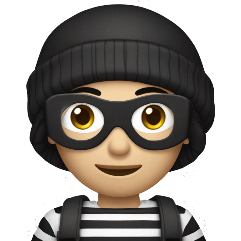 robber with black hair wearing a black beanie and a long sleeved white and black horizontally striped t-shirt and wearing black eye mask and holding a bag of money in their left shoulder emoji