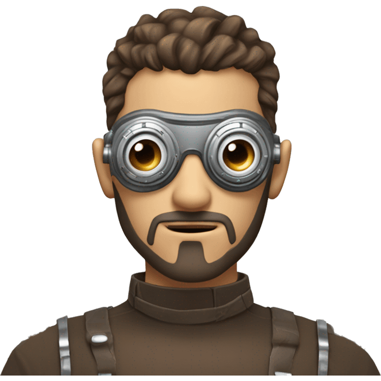 male cyborg head with brown shirt hair, brown beard, silver steampunk goggles and circuits emoji