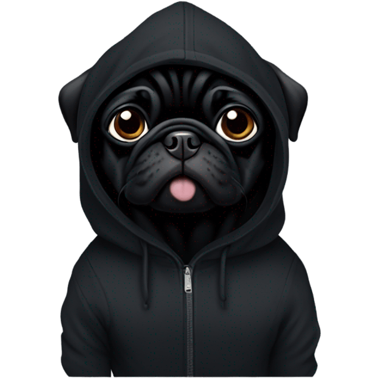 Black pug wearing a black hoodie emoji