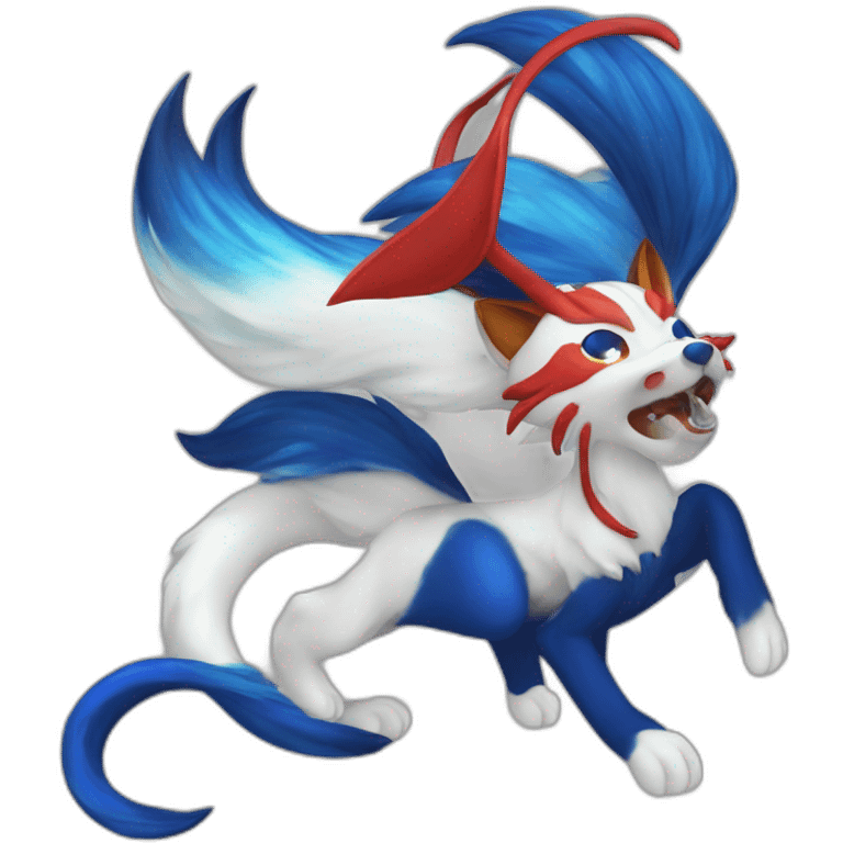 Deep blue 5 tails kitsune with red saddle  emoji