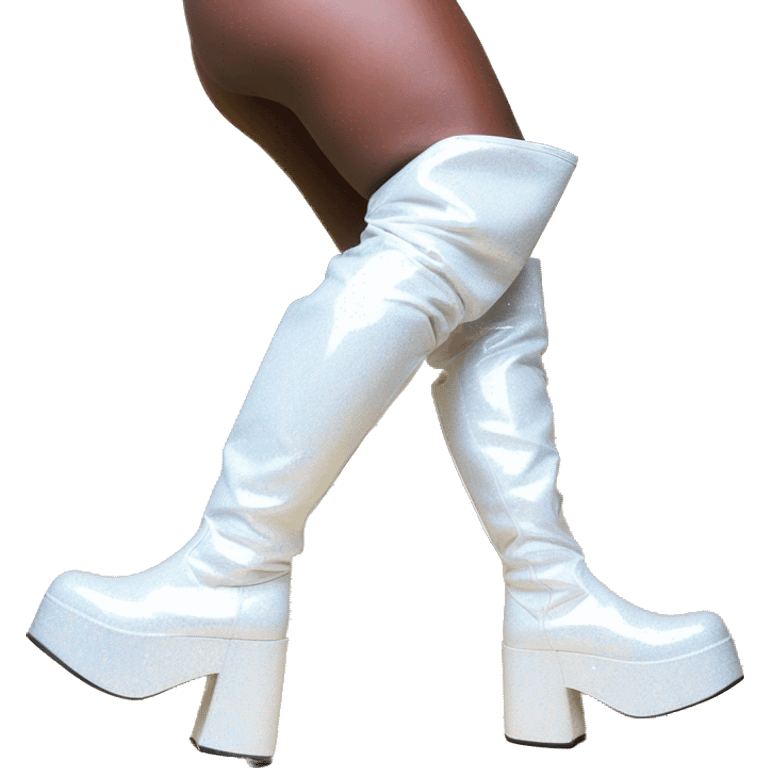 glittery white platform knee high gogo boots with no laces with heart on side emoji