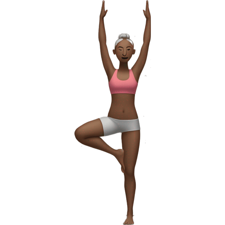 Yoga pose standing on one leg with other in air with arms in a binding in front of chest emoji