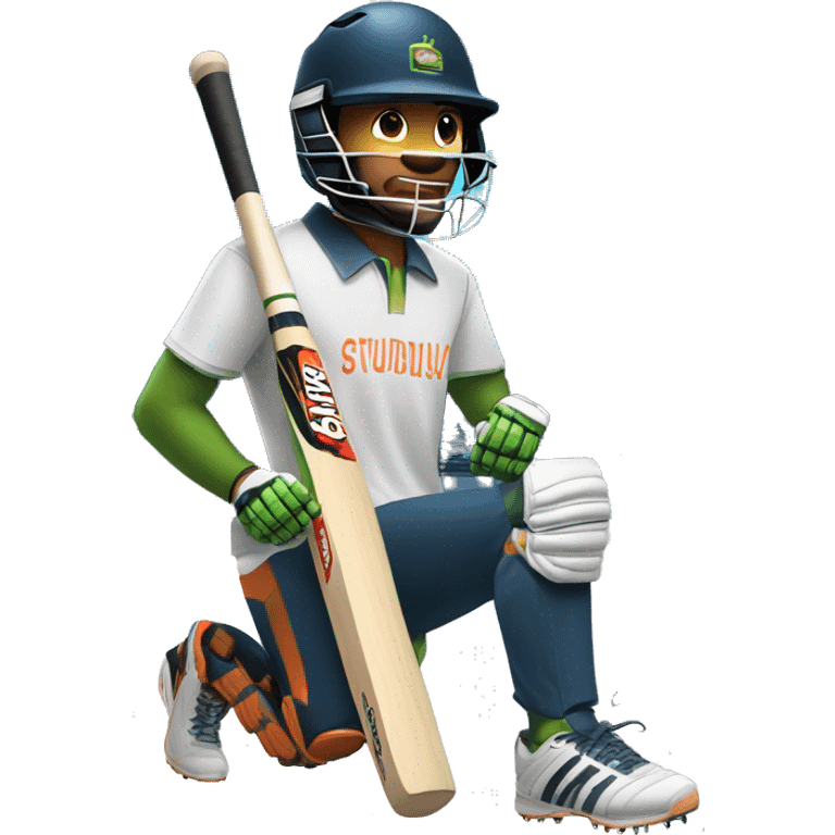 a person holding a cricket bat on one hand, and a laptop on the other hand. Also, wearing a cricket helmet, and a cool pair of shoes emoji