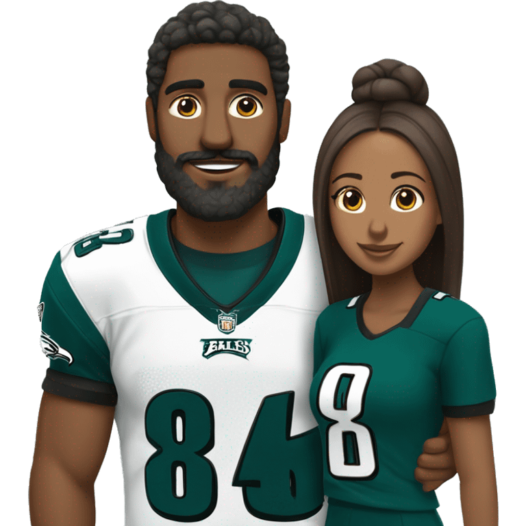  Brown guy with beard and mustache holding hands with a brown girl with her hair in a bun in Philadelphia eagles clothing  emoji