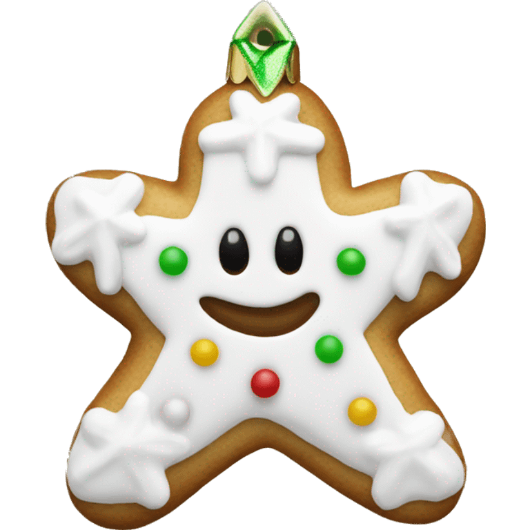 white frosted gingerbread cookie shaped like a christmas ornament emoji