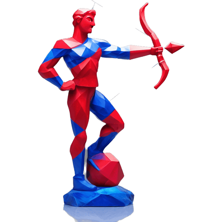 A Sagittarius sculpture with a geometric, faceted design. The Sagittarius is standing upright with angular and baroque features. The vibrant red and blue flame colors highlights the sharp edges and planes. Only 2 legs, clear features emoji