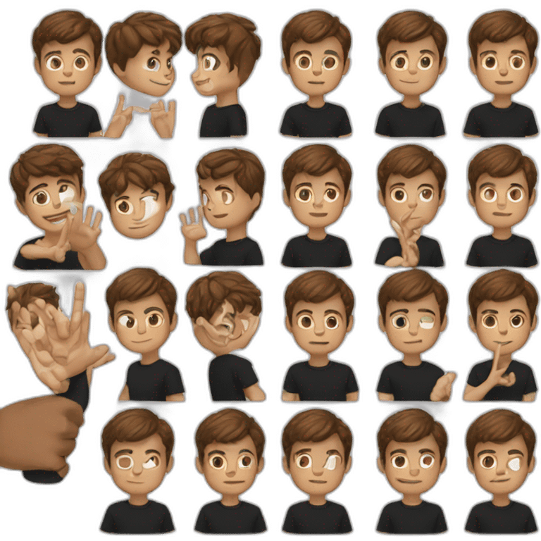 young man raising a hand, brown short hair, black t-shirt, white skin, head large emoji