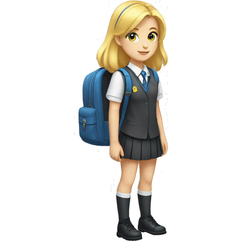 blue eyed, blonde hair white young girl wearing a private school uniform and a yellow backpack full body emoji