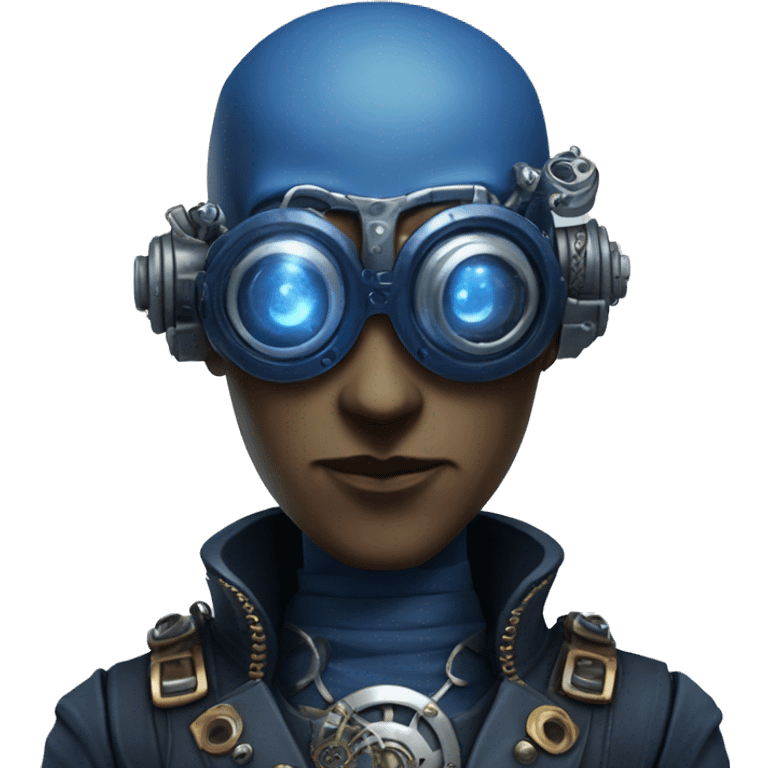 Bald cyborg head with dark blue steampunk goggles and dark blue Mohawk  emoji