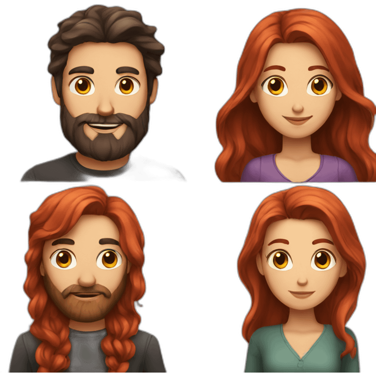 bearded man with dark hair and girl with long red hair emoji