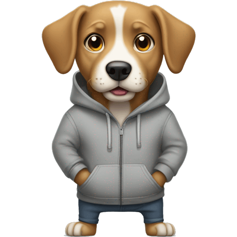 Dog standing wearing a grey hoodie with his hands in his pockets  emoji