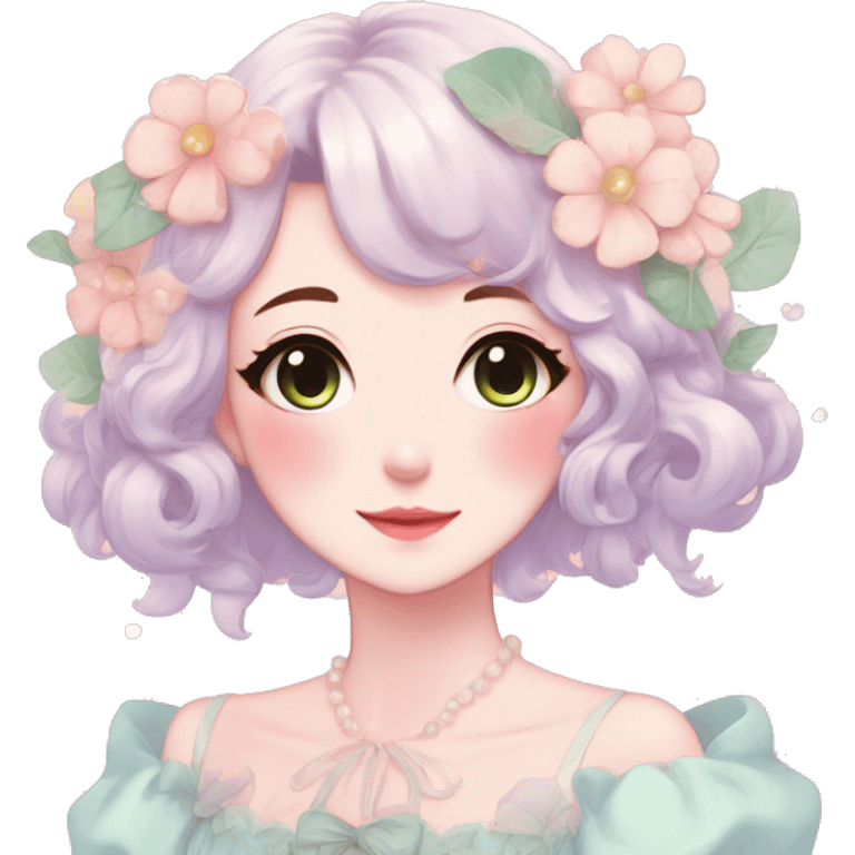 Gorgeous pastel anime style lady with blushing face and flowers cottagecore fairycore pastelcore colorful pearly romantic simplistic aesthetic trending style emoji