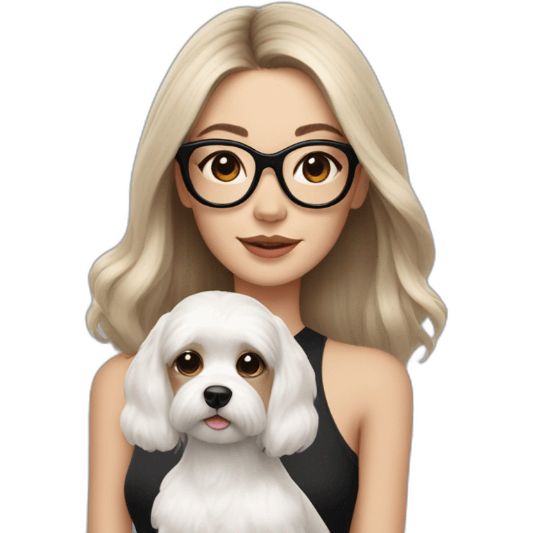 fashionable girl in large McQueen glasses, with shoulder-length brown hair and a white Maltese dog in her arms emoji