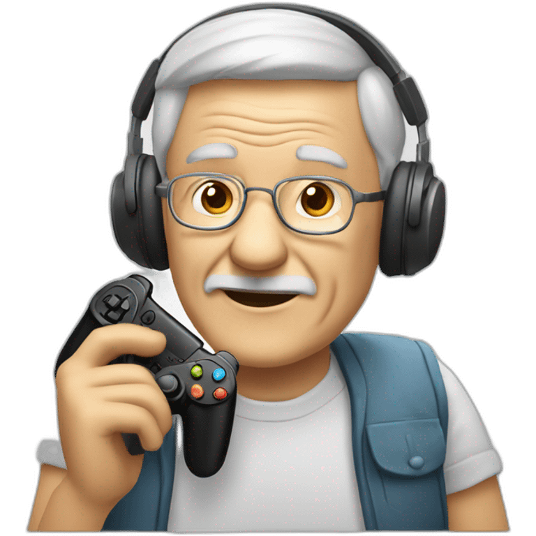 Old man holding a gaming controller and headphones emoji