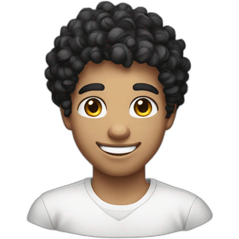 young man with white skin, with a cheerful smile, black eyes and short curly black hair. dressed in a white shirt emoji