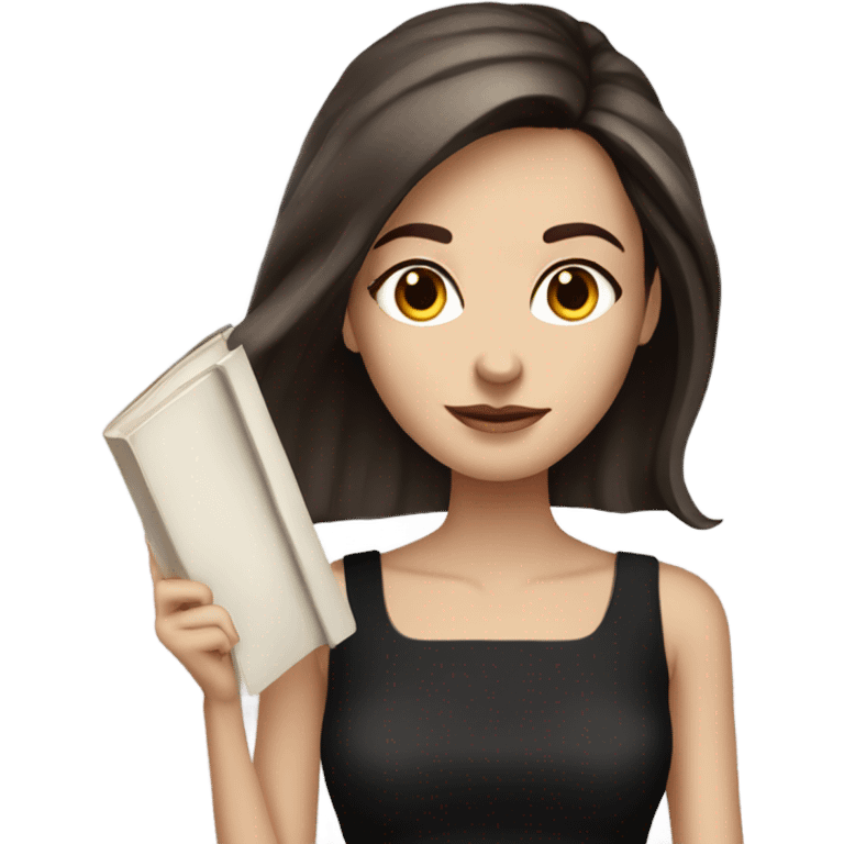 Beautiful skinny white woman long dark brown hair in dark dress with book emoji