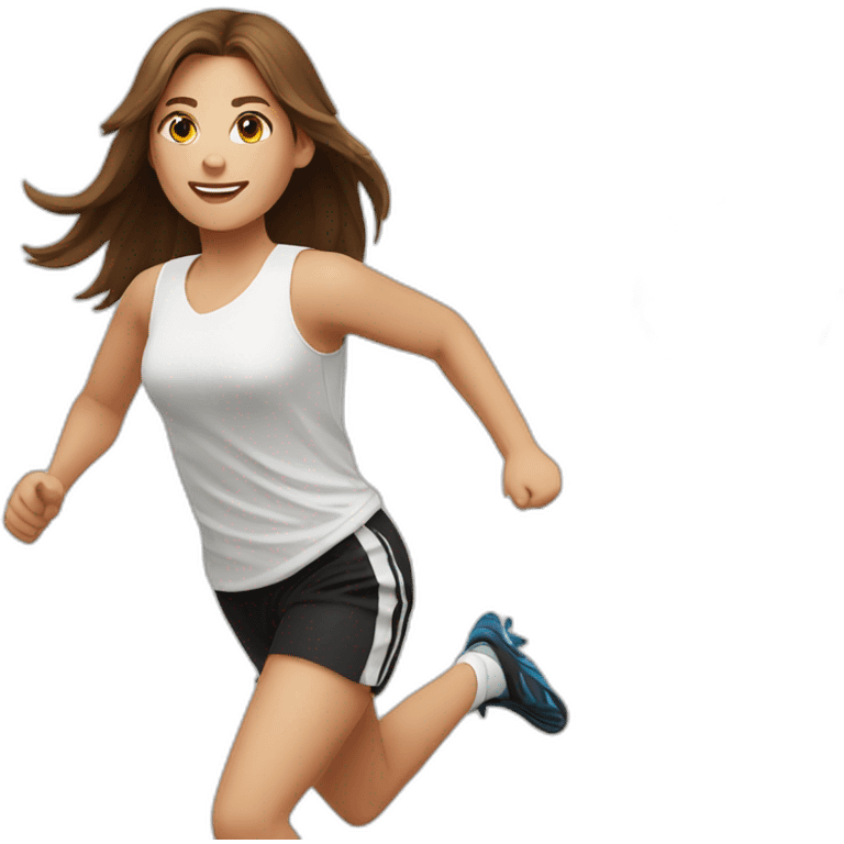 Caucasian girl with brown long hair running with a soccer ball wearing White short and black shorts emoji