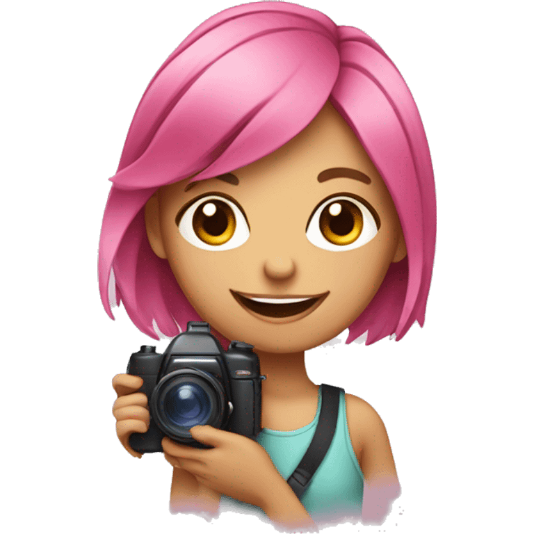 smiling girl with multicolored pink hair holding a camera emoji