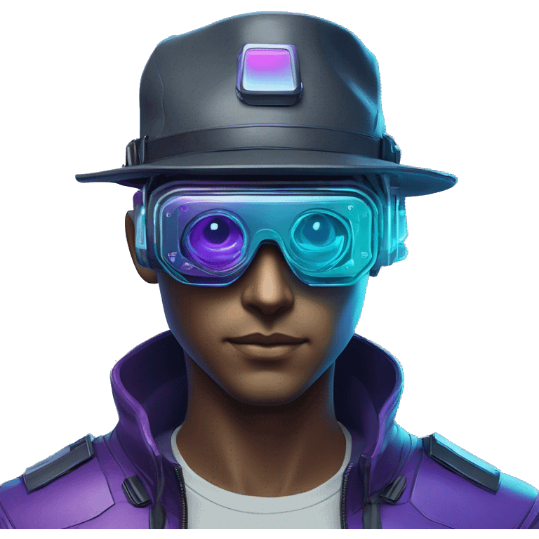 Secret human agent in a hat with  cyberpunk elements in VR googles scanning looking reviewing multicolor lines of code, cyan and purple colors, only upper body portrait emoji