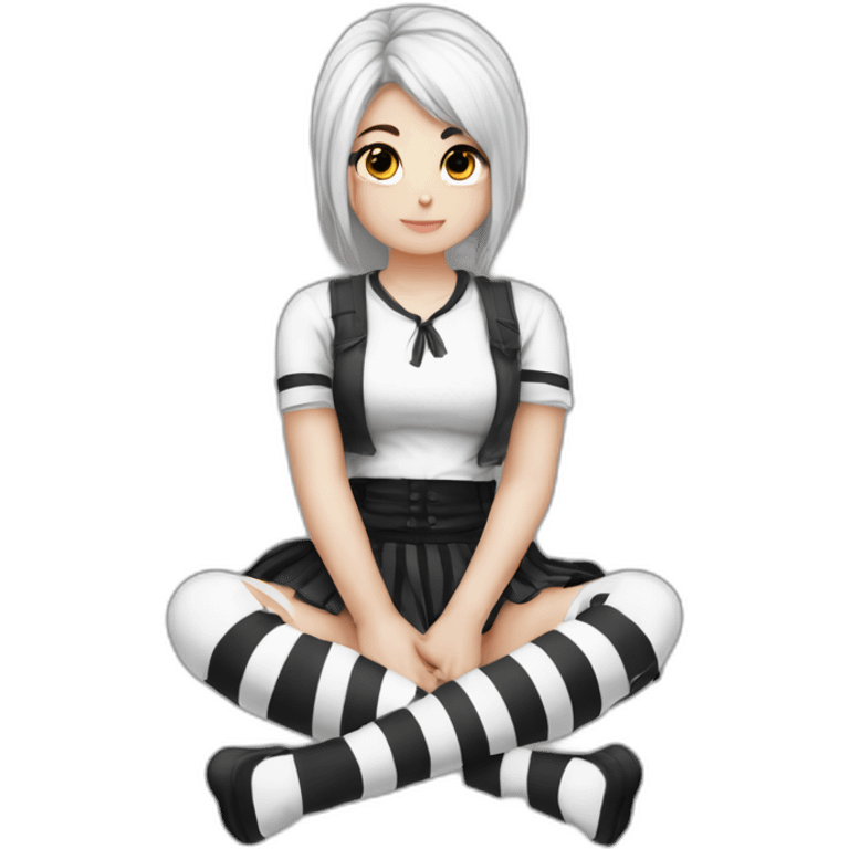 Frontal view curvy emo girl sits white skirt striped stockings hands up emoji