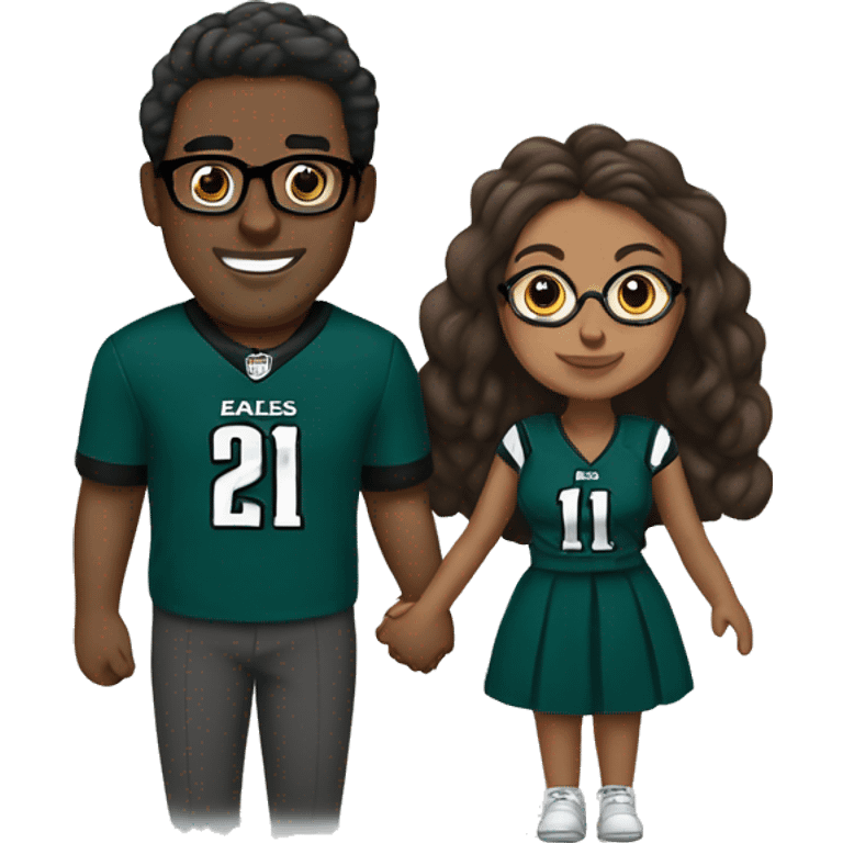 Brown guy and brown girl with glasses and hair in a bun in Philadelphia eagles clothes holding hands emoji